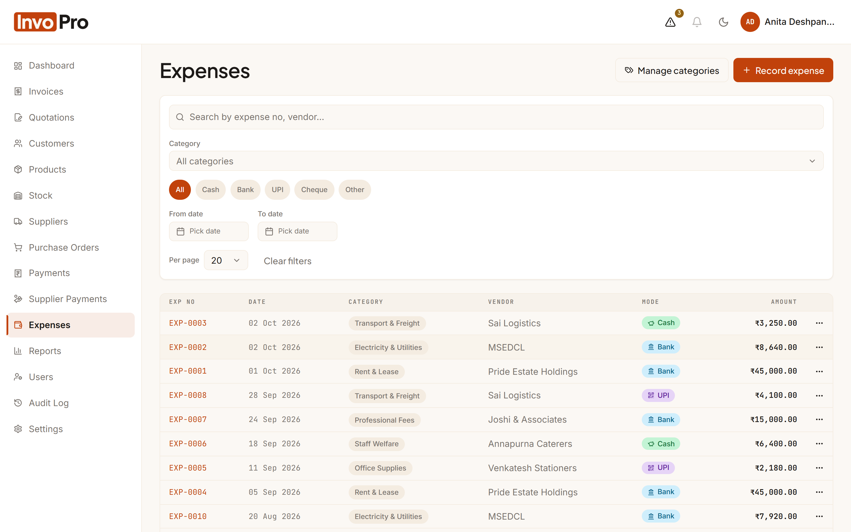 Expense list