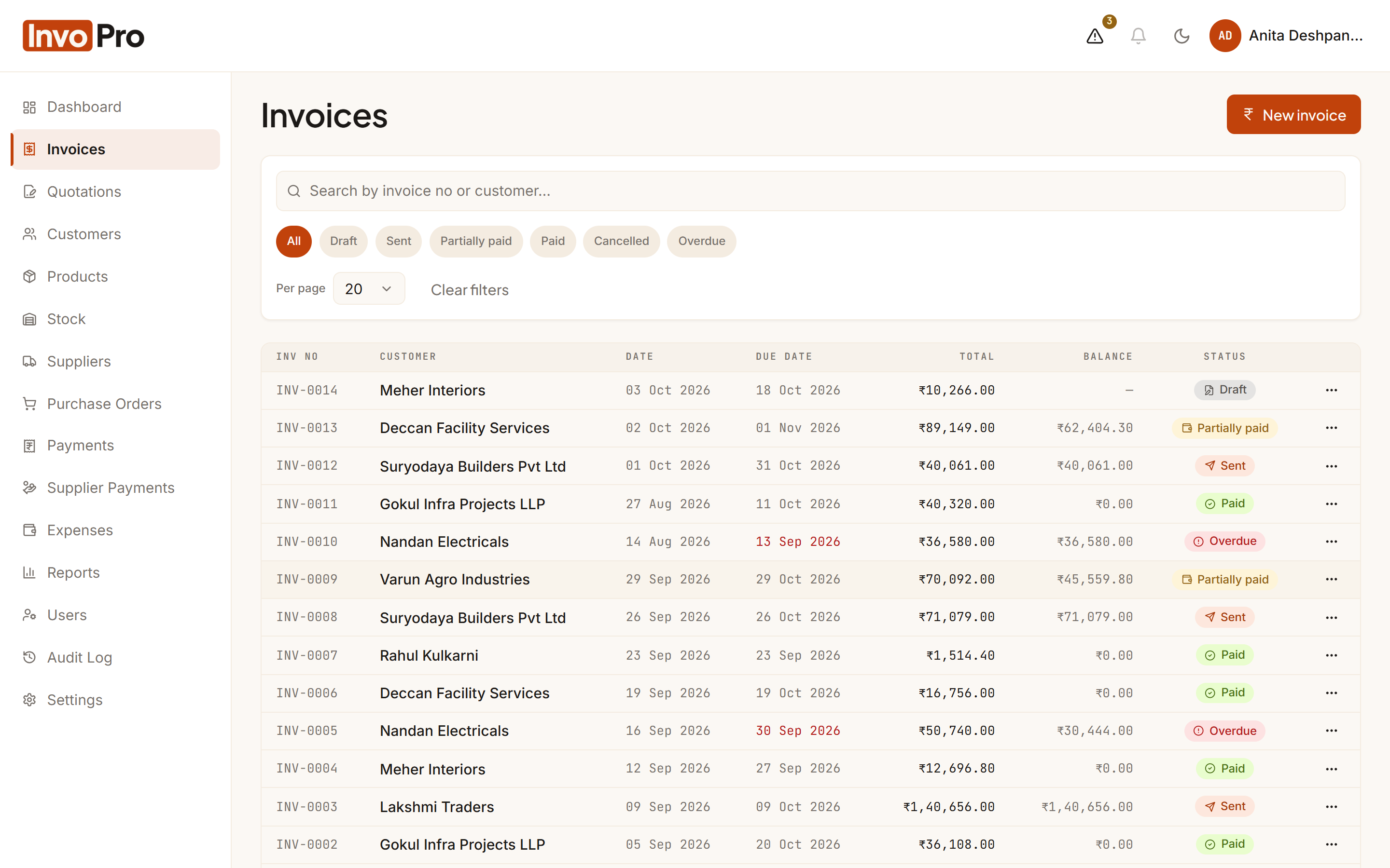 Invoice list with status and balance due